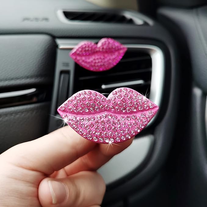 2 Pieces Bling Sexy Lip Air Vent Clips Rhinestone Lipstick Car Air Freshener Clip Crystal Car Air Outlet Decorations Charm Car Inter Decor Accessories for Girls Women