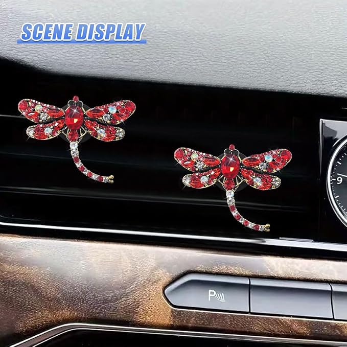 2PCS Bling Dragonfly Car Air Vent Clips, Crystal Rhinestone Car Air Conditioning Outlet Clip, Universal Cute Vehicle Interior Diffuser Decoration Accessories for Women(Red)