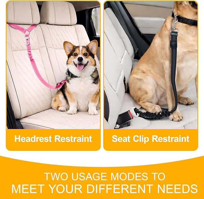 2-Pack Dog Car Seat Belt, 3-in-1 Headrest-Mounted Dog Seatbelt for Car, Adjustable Nylon Pet Safety Leash with Elastic Buffer & Reflective Stitching, Durable Car Harness for Dogs Fits Most Vehicles