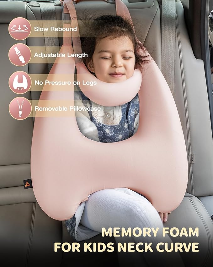 Memory Foam Kids Travel Pillow, Car Pillow for Kids, H-Shape Car Pillows for Sleeping, Removable Pillowcase, Adjustable, Porous Dots, Pink