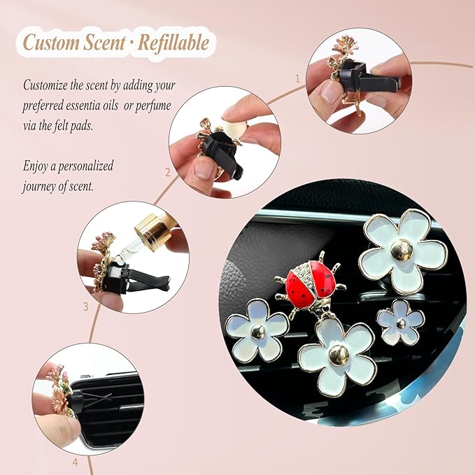 5pcs Flowers Ladybug Air Vent Clips Car Accessories Set 2pcs White Daisy Flower Car Air Freshener Vent Clips 3pcs Vent Decoration Interior Aesthetic Clips Refillable Diffuser