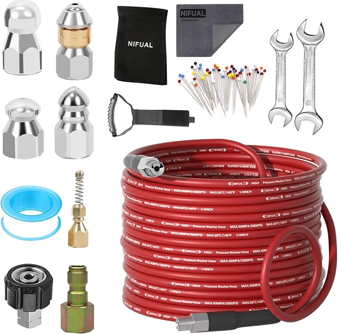 NIFUAL Sewer Jetter Kit for Pressure Washer,150FT 5800PSI Pressure Drain Cleaner 1/4 Inch NPT Corner Rotating and Button Hose Sewer Jetting Nozzle for Homeowners & DIYers (150FT)