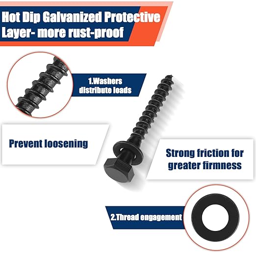 Tandefio 60 Pack 3/8''x 3'' Ceramic Black Lag Screw Kit with Washers Hex Lag Bolts Wood Screws Heavy Duty Ruspert Coating Hot Dip Galvanized Double Layer for Wood Decks Fences