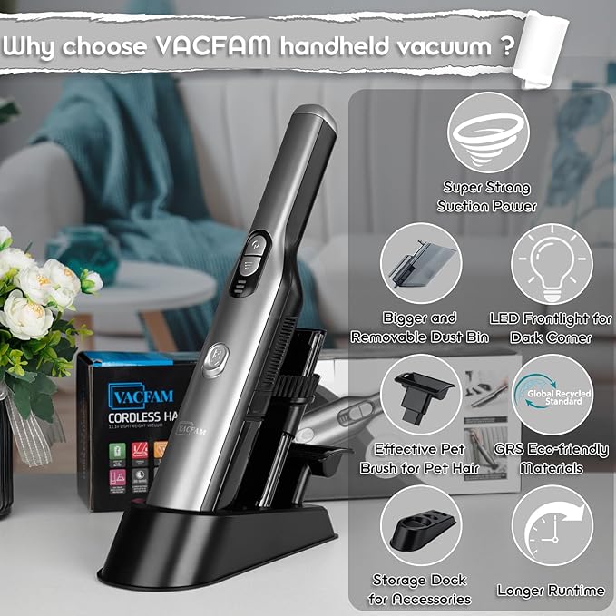 Handheld Vacuum Cordless Car Vacuum Cleaner with 18KPa Powerful Suction, Portable Chargeable Handy Vac with LED Front Light & Storage Dock, Dust Buster for Office Home, Pet Brush for Pet Hair, Gray