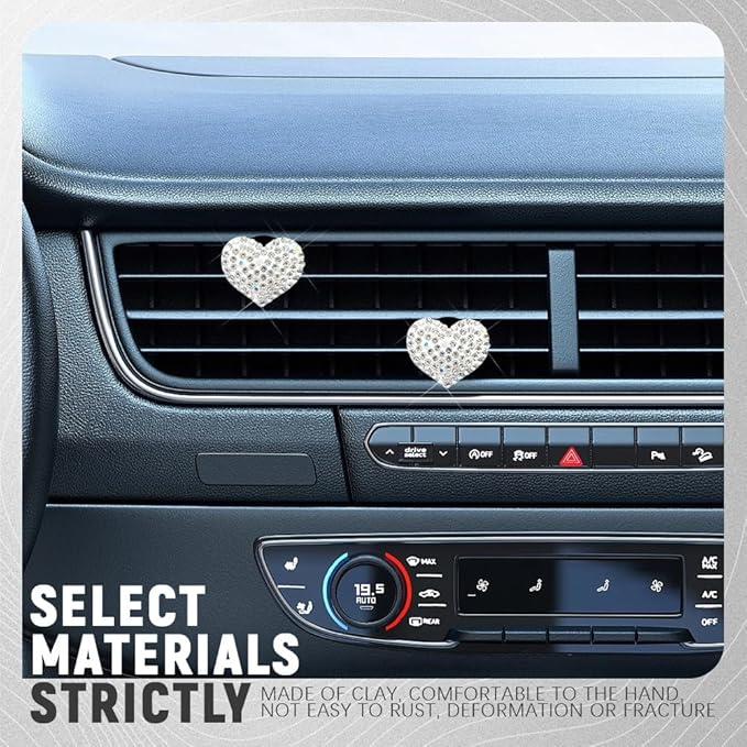 2PCS Bling Heart Air Vent Clips, Heart Shaped Crystal Air Freshener Vent Clips, Rhinestone Air Conditioning Outlet Clip, Universal Interior Decor Car Accessories for Women Girl (White)