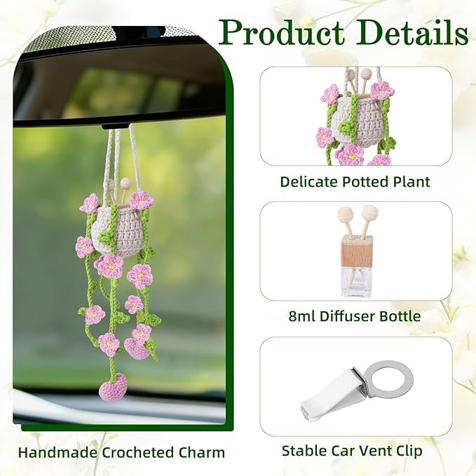 Crochet Car Air Freshener, 8ml Empty Refillable Oil Diffuser Bottle with Hanging Crochet Lightpink Daisies Plant & Hanging Tools, Car Rearview Mirror Diffuser for Wall Art & Home & Office Decoration