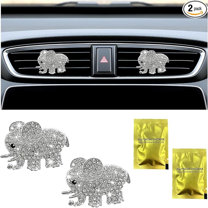Ziciner 2PCS Bling Heart Car Vent Clips Charms, Elephant Shaped Crystal Air Freshener Vent Clips, Rhinestone Air Conditioning Outlet Clip, Car Decor Accessories for Women Girls