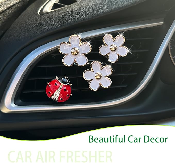 Car Vent Clips,Flowers Ladybug Car Air Freshener,3pcs White Daisy and 1pc Red Ladybug Alloy Car Decor Refillable Diffuser for Women