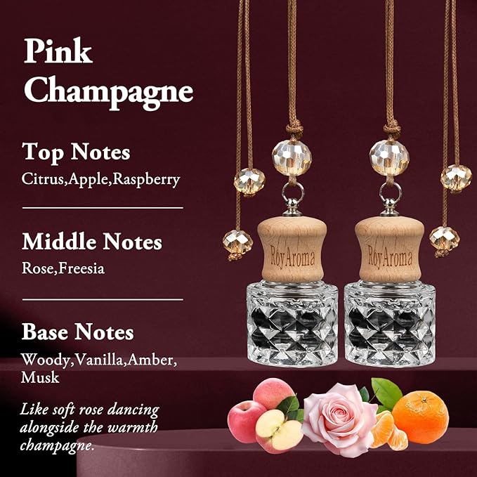 2 Pack Hanging Car Air Freshener | Long Lasting 30-45 Days Natural Fragrance Oil Diffuser for Car, Home, Office | Odor Eliminator & Easy to Use | Pink Champagne