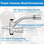 DUSICHIN Pressure Washer Short Gun Foam Cannon 1/4" Quick Connector,Car Wash Foam Gun Kit Dual Connector Accessory,Double Tip Attachment For Soap Cannon with 5 Nozzle Tips DUS2501