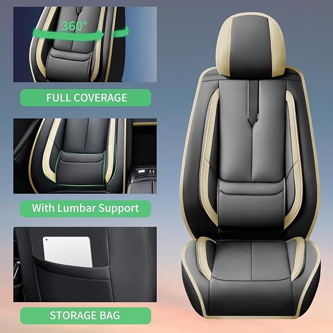 Fit Santa Cruz Car Seat Covers for Hyundai Santa Cruz 2022-2025 2026-Upgraded Premium Waterproof & Breathable Leather,Airbag Compatible,All-Weather Seat Cushion Protector,2 Front/Black-Beige