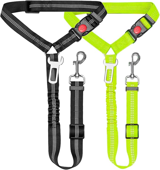 Removable Dog Seat Belt Harness for Car, 3 in 1 Pet Car Seatbelt Leash, Retractable Restraint Secures to Vehicle Headrest & Adjustable Reflective Dog Seatbelt Tether (Ying Green&Black, 2pcs)
