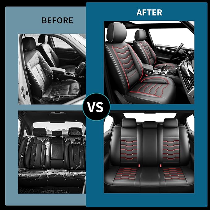 Fit Rogue Car Seat Covers Premium Leather for Nissan Rogue 2014-2025 2026. Waterproof， Breathable, Scratch-Resistant & All-Weather Seat Cushion Protector （Full Set,Red Line Black