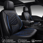 CAR PASS Luxury Nappa Leather Seat Covers Full Set, Water Resistant Faux Leather Seat Cover with Lumbar Support, Breathable Automotive Seat Covers Universal Fit for Sedan SUV Van Truck, Black Blue