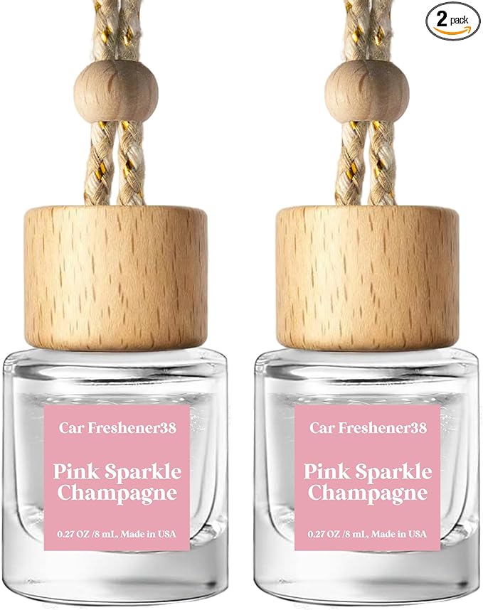 C Classy Car Air Freshener Hanging 2 Pack, Pink Sparkle Champagne Essential Oil Diffuser for Cars, Cute Glass Bottle Car Accessories for Women & Men Gift, Long-Lasting Fragrance, Made in USA