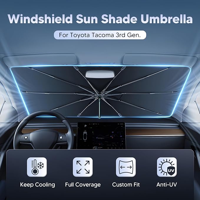 Autorder Windshield Sun Shade Umbrella for 2016-2026 Toyota Tacoma Accessories,Upgraded Ice Crystal Material,Easy Setup Umbrella Sunshade for Car Windshield,100% Sun Blocking