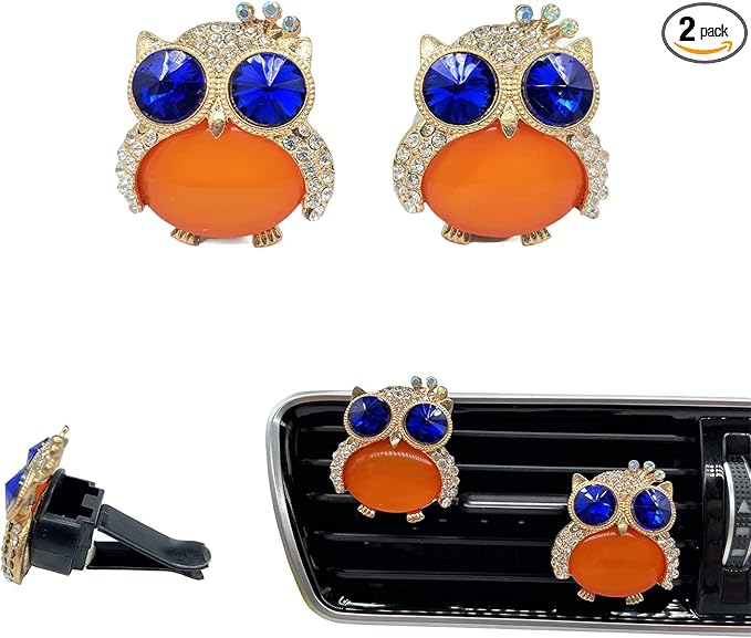 Cute Orange Cartoon Owls Car Air Freshener, 2pcs Owls Vent Clips, Bling Car Accessories, Lavender Scent