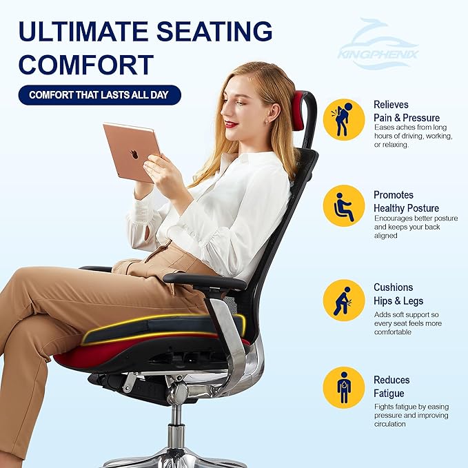 kingphenix Car Seat Cushion – Memory Foam Pad for Driving Comfort – Boosts Height and Relieves Coccyx & Lower Back Pain – Car, Truck, Office Chair (Leather & 4D Mesh Black)