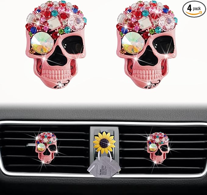 Pink Skull Air Vent Clips, 2 Pcs Bling Skeleton Car Air Fresheners Vents Clips Funny Car Diffuser Diamond Car Interior Decor Cute Car Accessories Car Decoration for Women +Sunflower Mask Hook