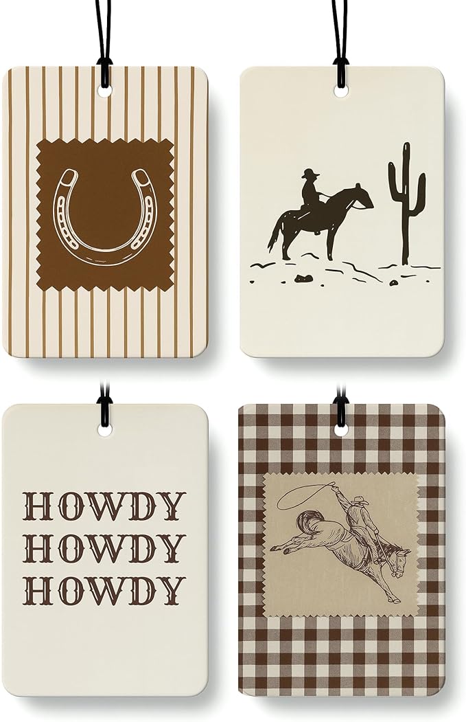 Boho Western Car Air Freshener 4 Pcs Coconut Scented, Howdy Horseshoe Cactus Rodeo Cowboy Car Accessories Mirror Decor for Women, Western Hanging Air Freshener for Cars Closet Drawer Books