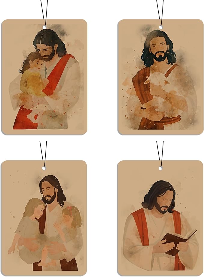 Jesus Car Air Freshener 4 Pcs, Watercolor Religious Scented Hanging Decor for Christian Women Men, Vehicles Home Church, Faith Based Mirror Gif