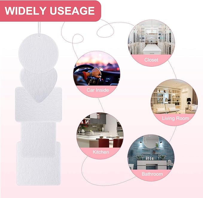 Zonon 120 Pieces Sublimation Air Freshener Blanks DIY Air Freshener Sheets Blank Car Pressed Felt Polyester Laser Cut Blanks for Car Travel Heat Press Ornaments with Elastic Cord, 5 Styles