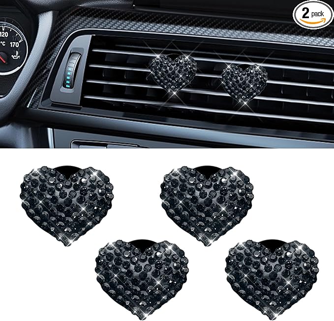 4PCS Bling Heart Air Vent Clips, Car Air Freshener for Women, Air Fresheners Diffuser Clip Charm, Car Air Conditioning Outlet Clip Decorative Accessory for Women Girls (Black, Style1)