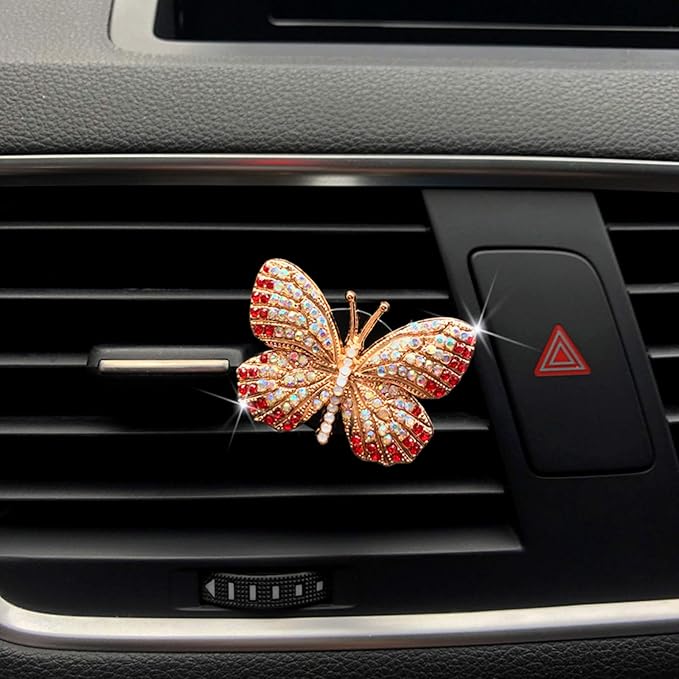 Bling Butterfly Car Air Vent Clip, Cute Rhinestone Air Freshener Clip, Glam SUV Outlet Vent Decorations, Charm Car Inter Decor Accessories for Girls Women (Red + Green)