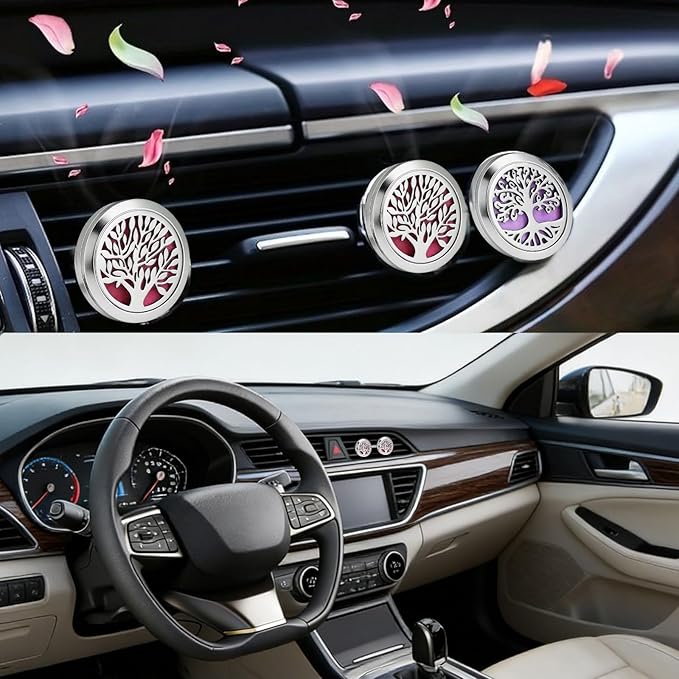 4 Pcs Essential Oil Car Diffuser 30mm Car Air Freshener Vent Clip with 20 Refill Pads, Aromatherapy Diffusers for Essential Oils for Auto Interior, Stainless Steel Air Freshener Gifts for Women Men