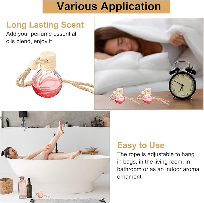 uxcell 8pcs Hanging Car Air Freshener Perfume Bottle, 10ml Pendant Empty Clear/Red Glass Essential Oil Aromatherapy Diffuser with Wooden Cap for Car Decor (Clear/Red, Round)