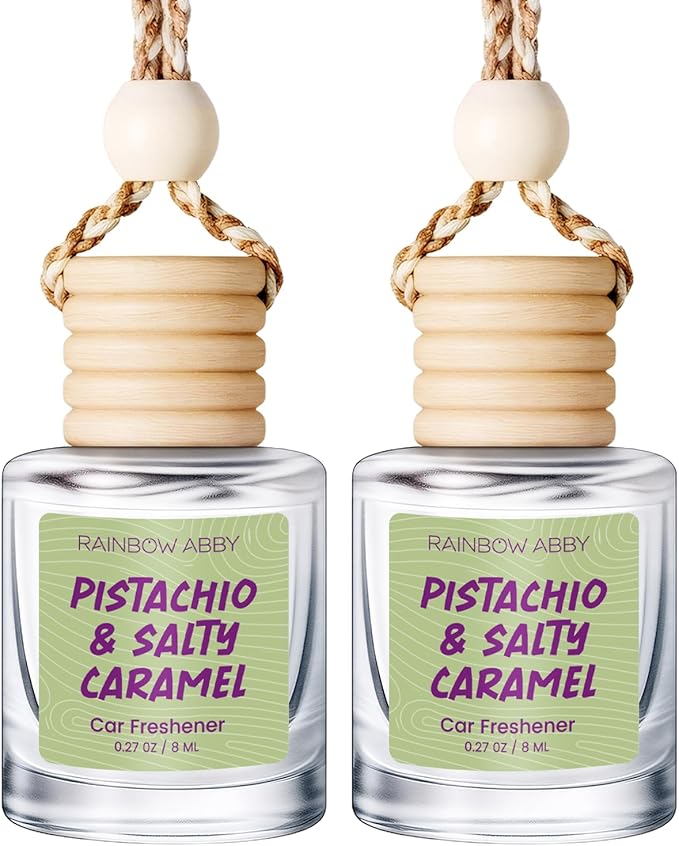 RAINBOW ABBY Hanging Car Air Freshener Diffuser 2 Pack - Pistachio & Salty Caramel Fragrance Oil, 45+ Days Long Lasting, Essential Oil Diffuser for Car