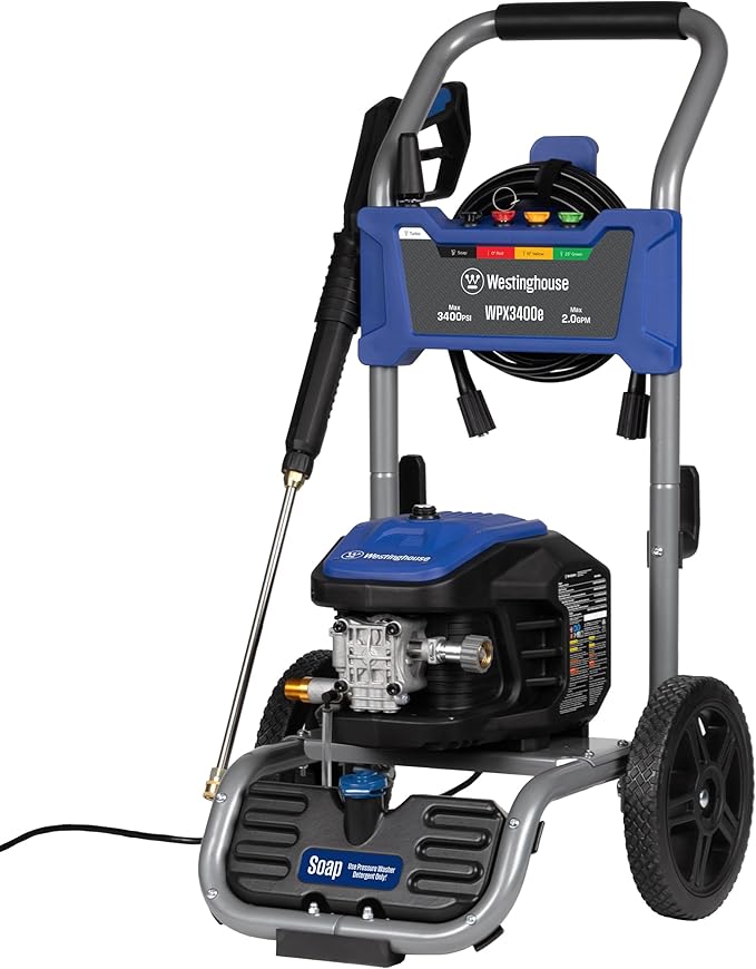 Westinghouse WPX3400e Electric Pressure Washer, 3400 Max PSI and 2.0 Max GPM, Brushless Motor, Onboard Soap Tank, Spray Gun and Wand, 5 Nozzle Set, for Cars/Fences/Driveways/Homes/Patios/Furniture