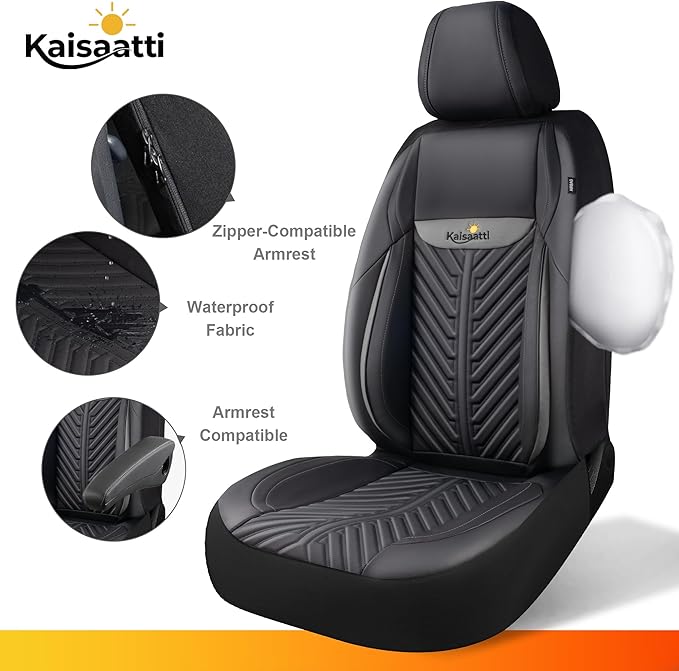 PU Leather Car Seat Covers Full Set – Waterproof seat Cover for Cars，3D Foam Support Automotive seat Covers ，Airbag Compatible, Universal Fit for Cars SUVs Trucks Sedans（Black/Grey）