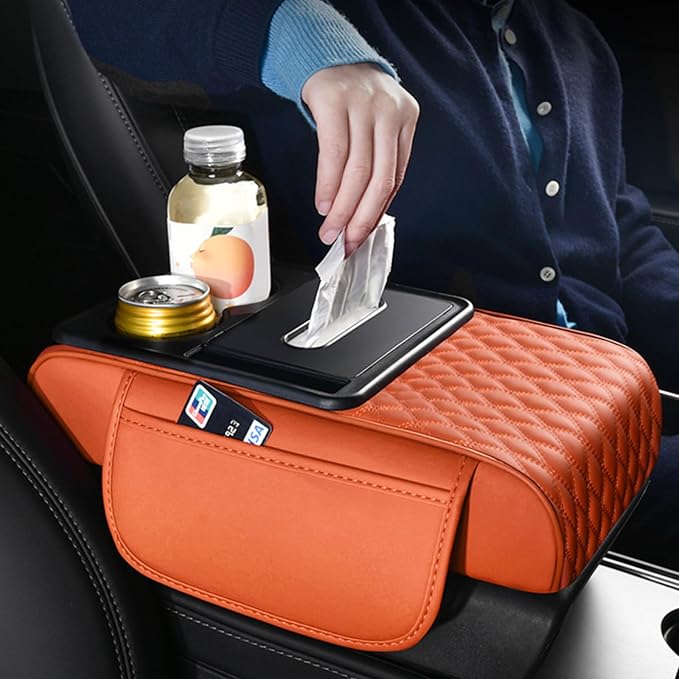 5-in-1 Car Armrest Pad Cushion, Water Ripple Embossed Center Console Booster Pad with Tissue Box, Cup Holder, Storage Bag, Phone Slot, Fit for Most Sedan Vehicles (Water Ripple Series, Black-Red)