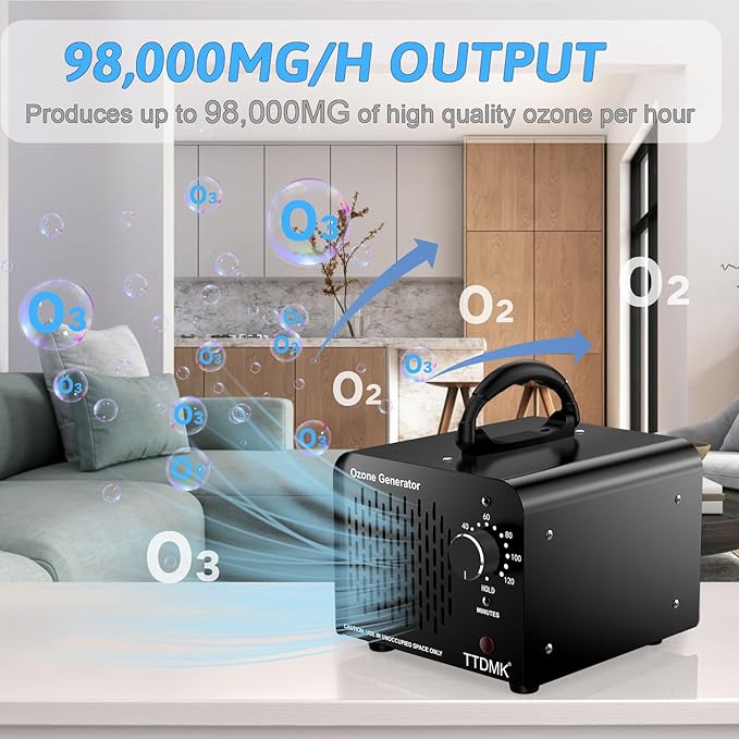Ozone Generator 98,000mg/h, Commercial Ozone Machine Odor Removal, High Capacity Ozone Machine, Home Ozone Generator for Car, Home, Smoke, Pet, etc (Black) - by TTDMK