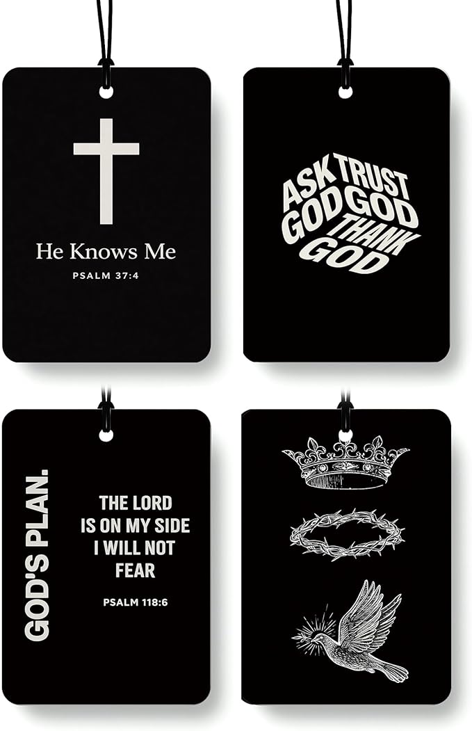 Black Christian Car Air Freshener 4 Pcs Coconut Scented, God Cross Crown Religious Faith Car Accessories Mirror Decor for Women, Christian Hanging Air Freshener for Cars Closet Drawer Books