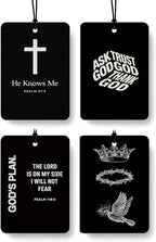 Black Christian Car Air Freshener 4 Pcs Coconut Scented, God Cross Crown Religious Faith Car Accessories Mirror Decor for Women, Christian Hanging Air Freshener for Cars Closet Drawer Books