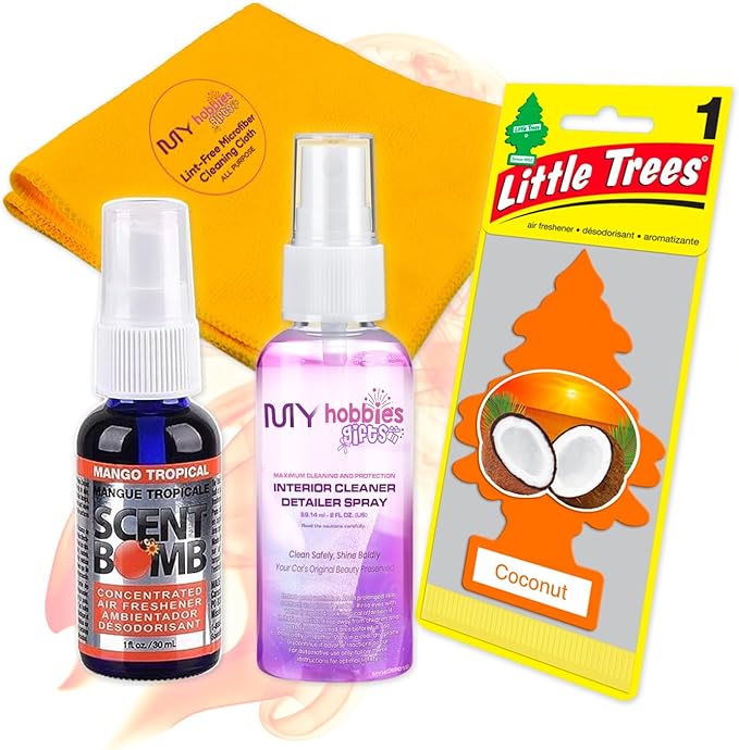 Fresh Cars Bundle: Scent Bomb 1 oz Mango Tropical Car Scent, Little Trees Car Coconut Air Freshener, My Hobbies Gifts 2 oz Interior Detailer and Lint-Free Microfiber Cleaning Cloth