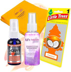 Fresh Cars Bundle: Scent Bomb 1 oz Mango Tropical Car Scent, Little Trees Car Coconut Air Freshener, My Hobbies Gifts 2 oz Interior Detailer and Lint-Free Microfiber Cleaning Cloth