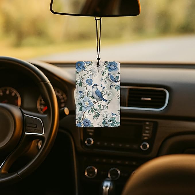 Vintage Blue Chinoiserie Floral Bird Car Air Freshener 4 Pcs, Retro Cottagecore Flower Botanical Air Freshener Hanging for Cars Books Closet Drawer, Retro Blue Car Accessories for Women