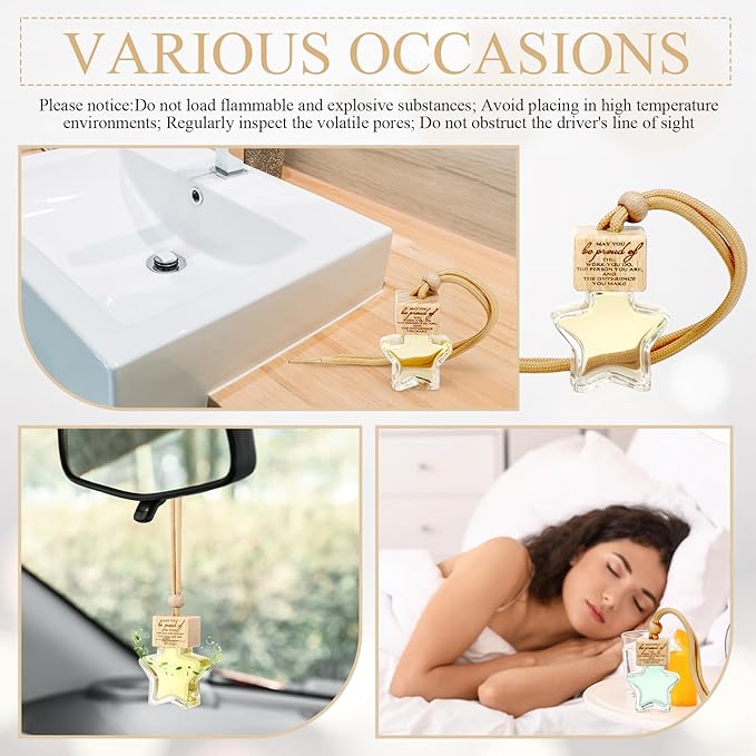 24 Pcs Star Shaped Car Fragrance Diffuser Bottle Bulk - Appreciation Gifts Set Hanging Glass Diffusers with Inspirational Message for Coworker Teacher Staff Thank You Gift (Be Proud of)