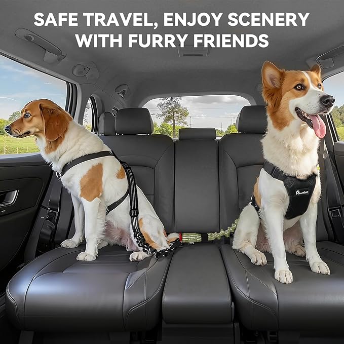 Pawaboo 2Pack Dog Seatbelt for Car, 3-in-1 Dog Car Seat Belt, Shockproof Dogs Tether with Buckle & Hook Latch, Adjustable Reflective Dogs Cars Leash with 360° Lockable Buckle, Army Green + Black