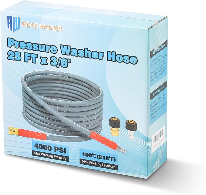 RIDGE WASHER Pressure Washer Hose 25 Ft, 4000 PSI Power Washer Hose with 3/8 Inch Quick Connect for Hot and Cold Water, Gray Non Marking Hoses, M22 14 mm Fitting