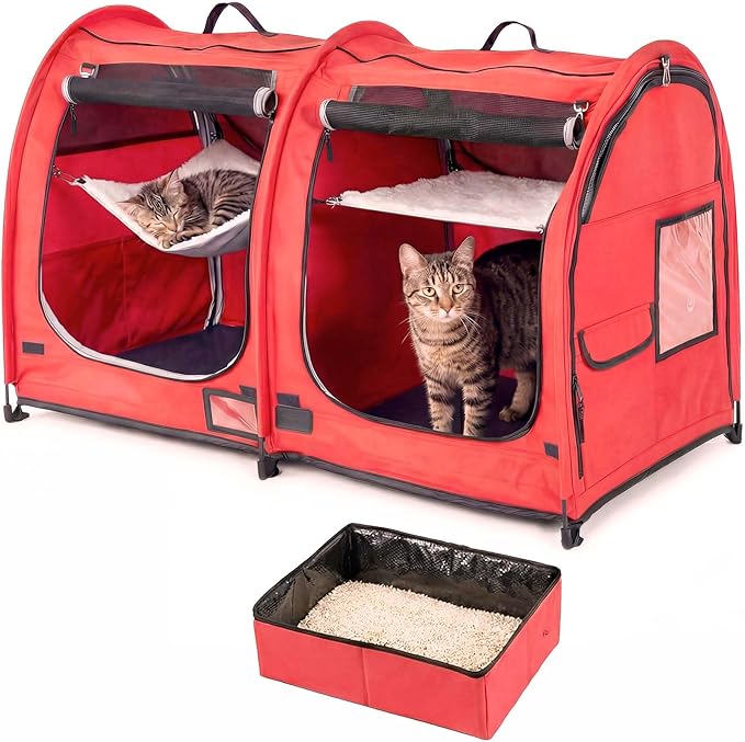 Mispace Portable Twin Compartment Show House Cat Cage/Condo - Easy to Fold & Carry Kennel - Comfy Puppy Home & Dog Travel Crate with Portable Carry Bag/Two Hammocks/Mats and Collapsible Litter Box