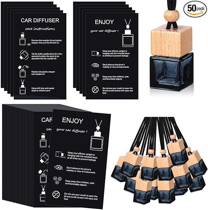 Boao 50 Sets Hanging Car Air Freshener Diffuser Bottles with 2 x 3.54 Inch Car Diffuser Instructions Cards for Empty Essential Oil Bottles(Black Card,Black Square)