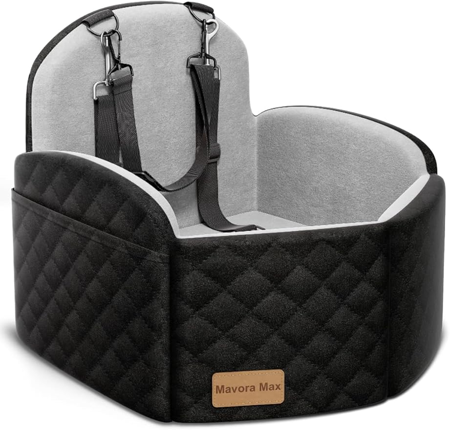 Dog Car Seat for Small/Medium Dogs, Memory Foam Puppy Car Seat Elevated Dog Booster Seat Up to 35 lbs, Fully Detachable Washable, Travel Safety Pet Car Seat with Storage Pockets (Black/Grey)