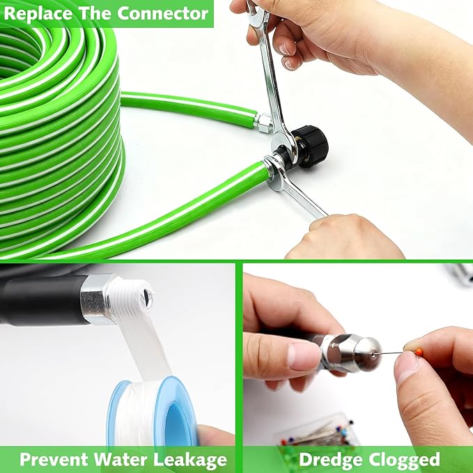 West Bay Sewer Jetter Kit 100 FT for Pressure Washer, 5800 PSI Drain Cleaner Hose 1/4 Inch NPT Corner Rotating and Button Nose Sewer Jetting Nozzle Spanner Watertight Tape Pearl Corsage Pin(Green)