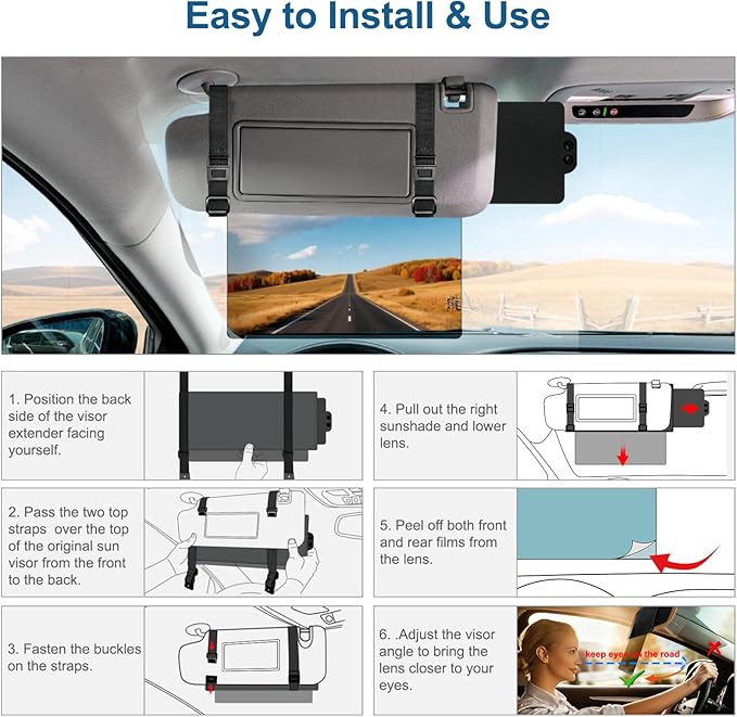 Veharvim Sun Visor Extender for Car (Polarized, UV400, PC Lens, Side Sunshade, Straps&Adjusters), Car Visor Extender Sun Blocker, Visor Extender Attachment, Anti-Glare for Safe Driving(Driver Side)