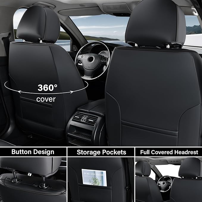Coverado Seat Covers, Car Seat Covers Front Seats, Waterproof Nappa Leather Auto Seat Cover with Lumbar Head Pillow, Black Seat Covers Carseat Cover Universal Fit for Most Cars