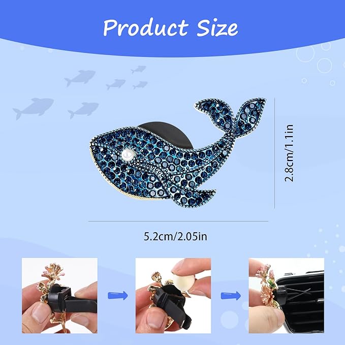 Beach Car Decor,Bling Whale Car Air Freshener Vent Clips,Glamour Dark Blue Cetacean Ocean Themed Vehicle Dashboard Accessories,Refillable Diffuser